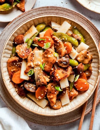 overhead photo of Moo Goo Gai Pan in an earthenware bowl