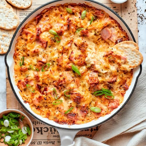 Overhead view of Reuben dip in pan with crackers
