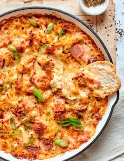 Overhead view of Reuben dip in pan