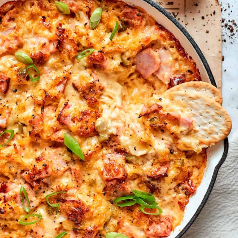 Overhead view of Reuben dip in pan