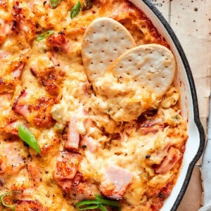 Overhead view of Reuben dip in pan with crackers