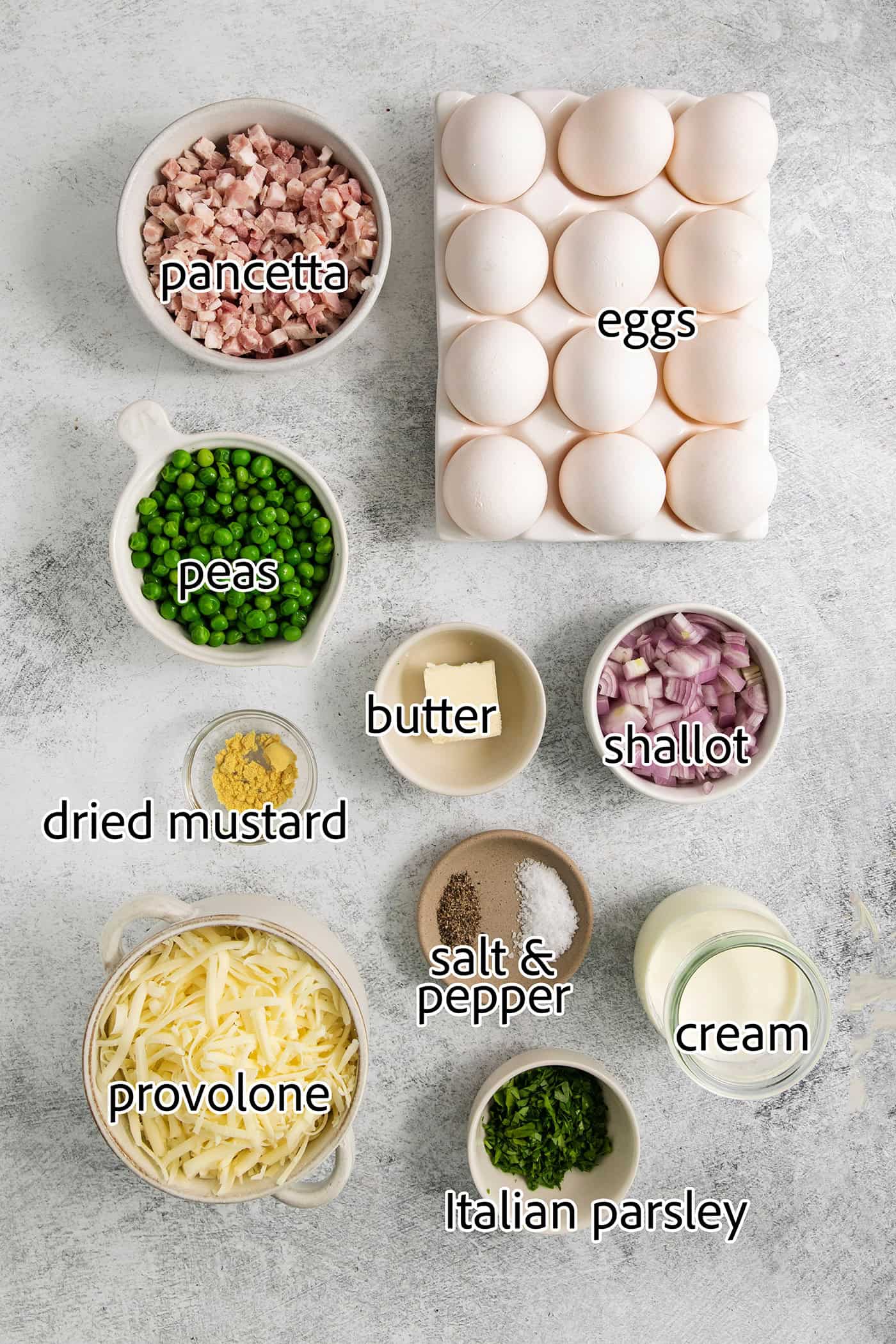 Ingredients for baked eggs are shown portioned and labelled: eggs, butter, shallot, dried mustard, pancetta, peas, cream, provolone, salt and pepper, parsley.