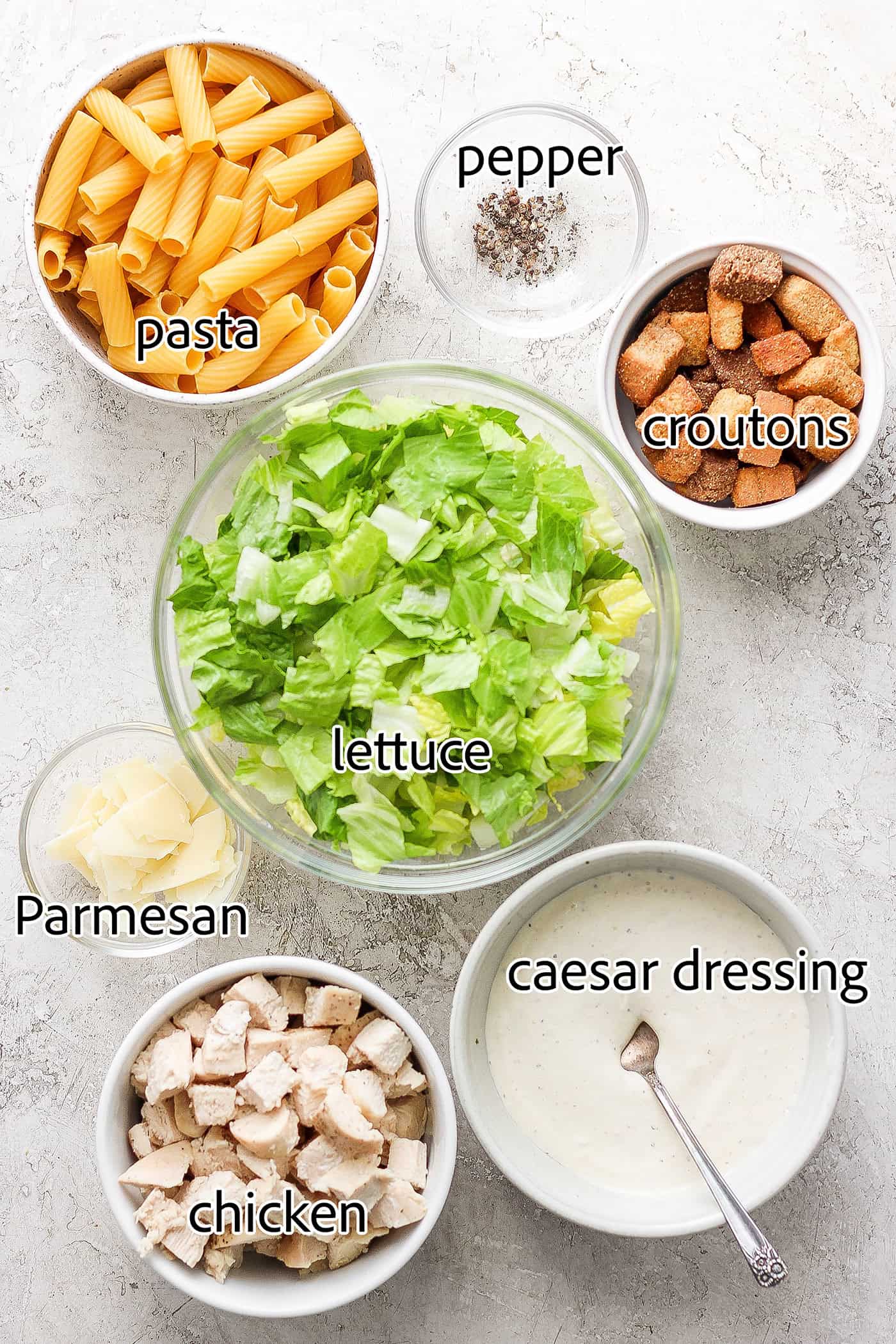 ingredients to make chicken Caesar pasta salad recipe