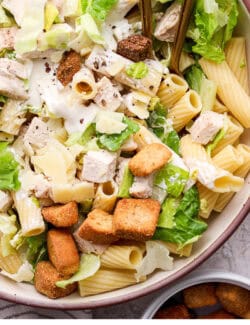 Pinterest image for chicken Caesar pasta salad recipe