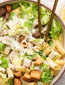 Pinterest image for chicken Caesar pasta salad recipe
