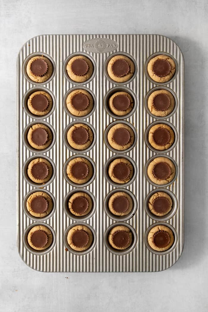 A mini peanut butter cup is pressed into the center of each cookie.