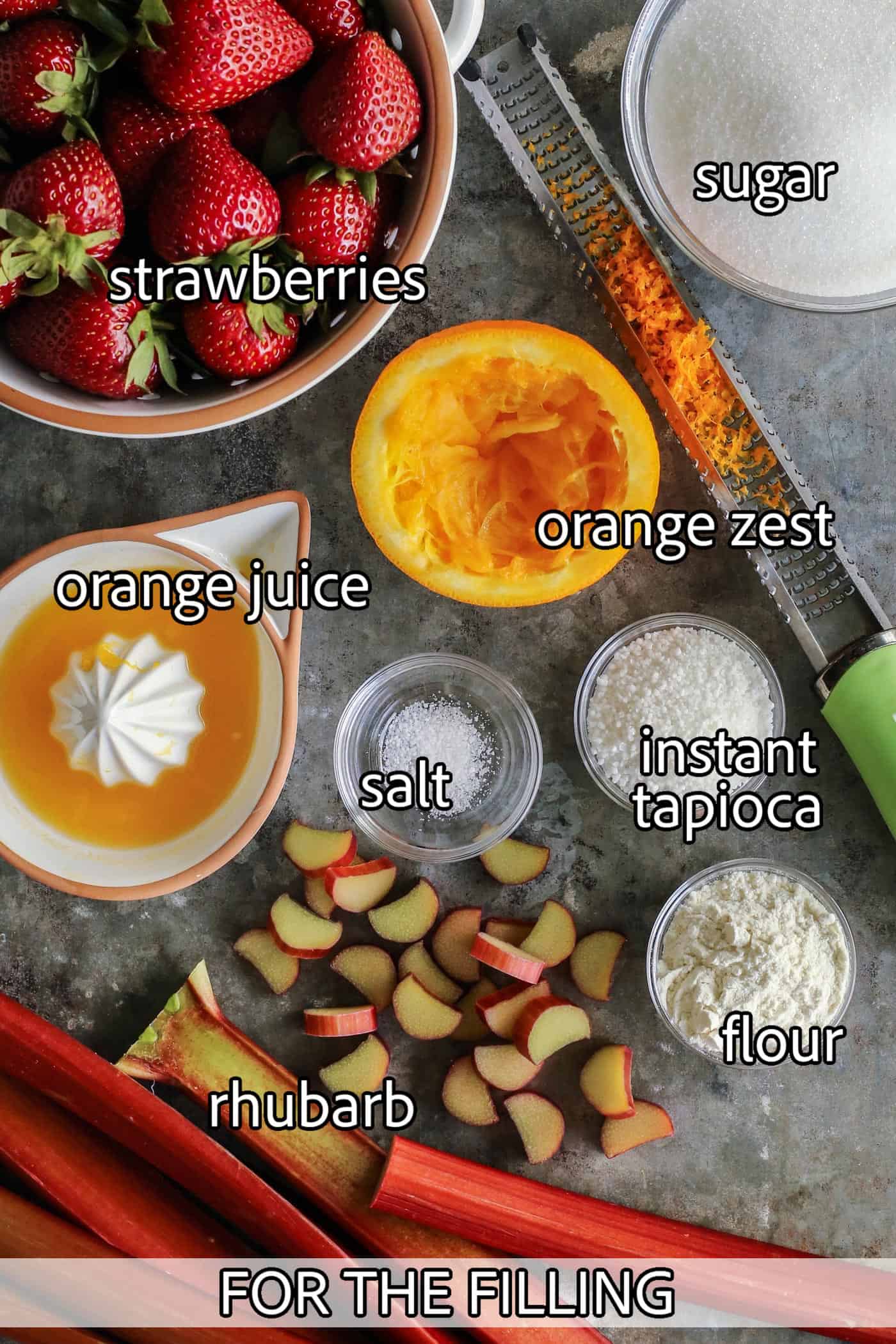 ingredients needed to make the filling for strawberry rhubarb crumble recipe