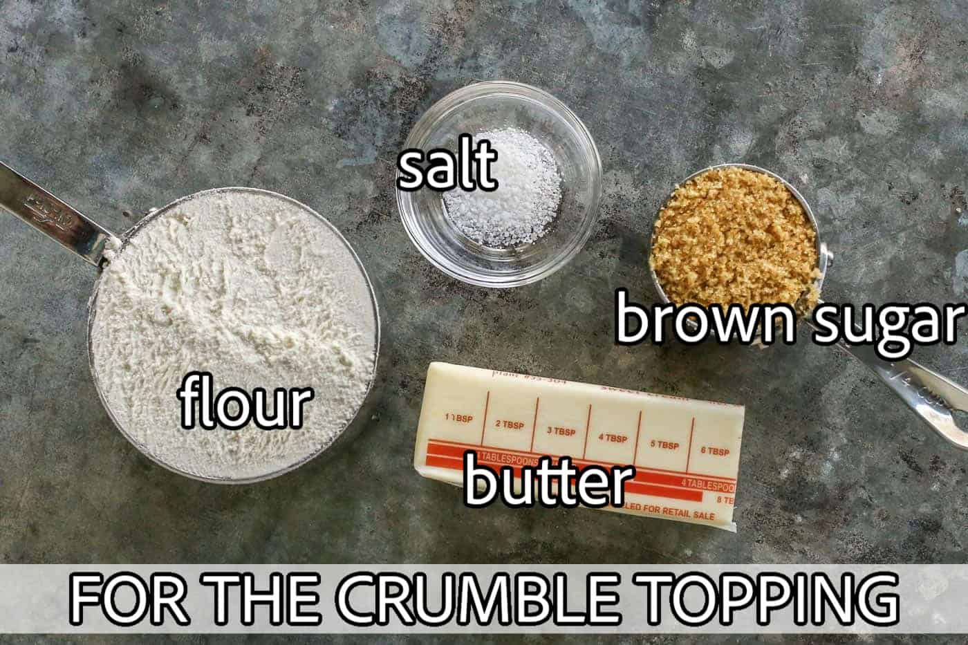 ingredients needed to make the crumble topping for strawberry rhubarb crumble recipe