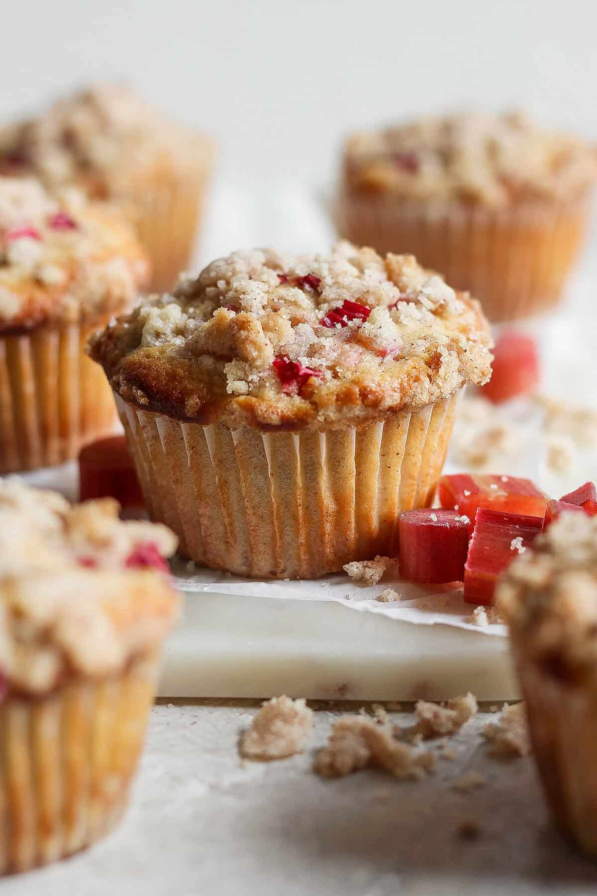 side view of rhubarb muffins with crumb topping