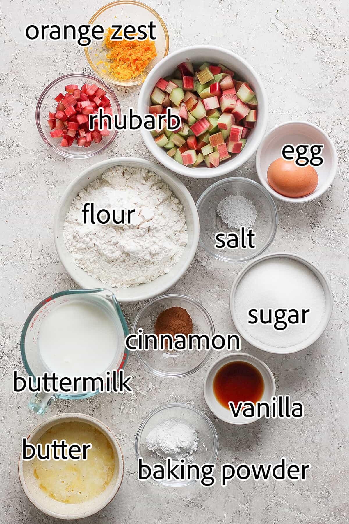 ingredients to make rhubarb muffins
