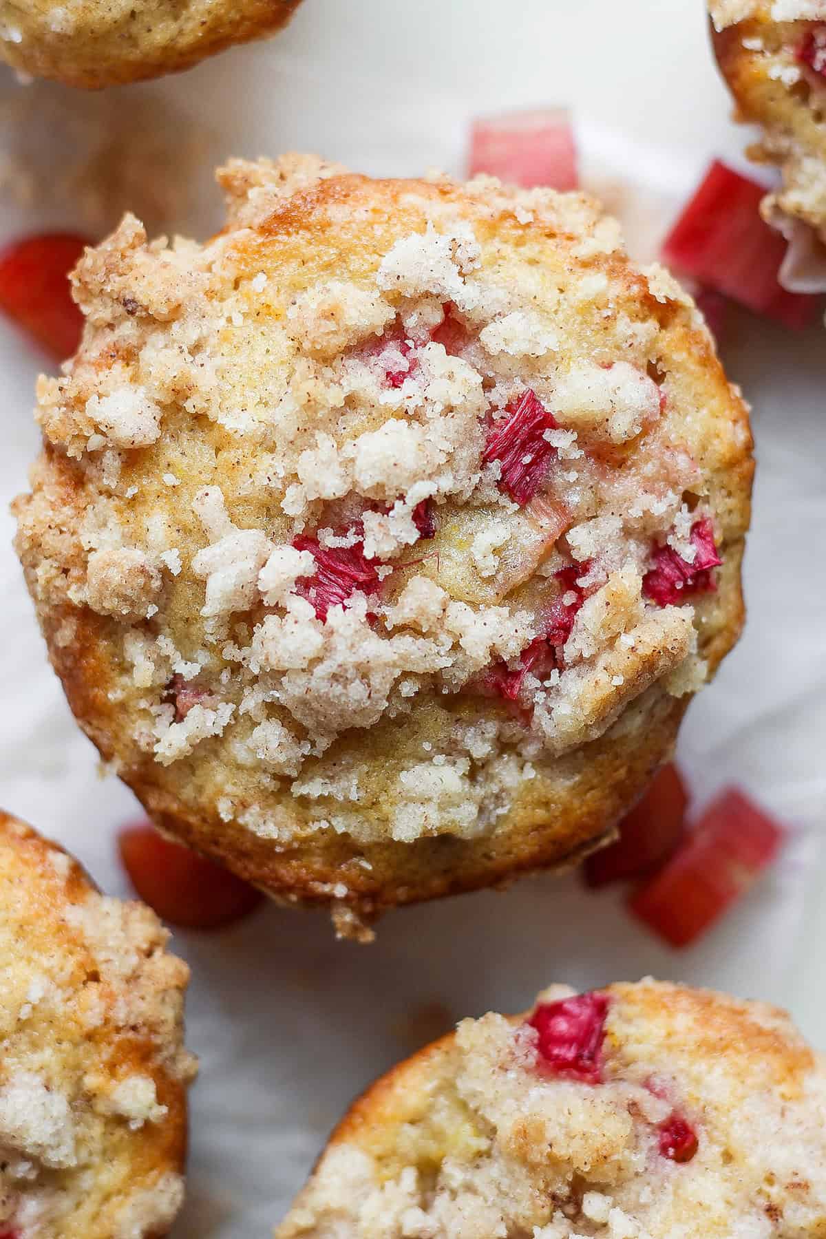 close-up photo over the top of a rhubarb muffin