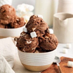 A few mini marshmallows adorn scoops of rocky road ice cream in a bowl.