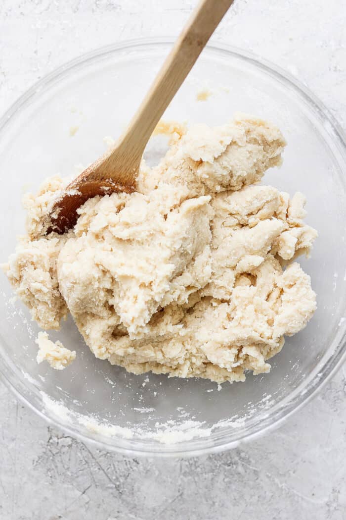 cobbler dough mixed in a clear bowl