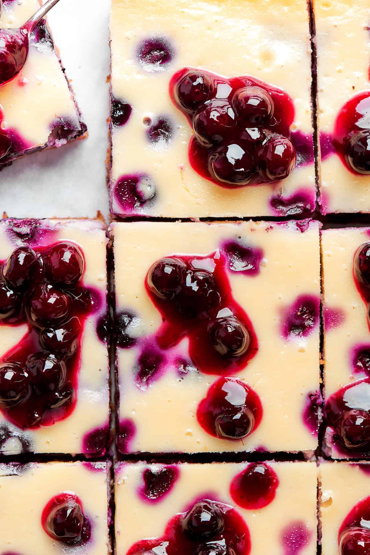 close-up, overhead photo of blueberry cheesecake bars
