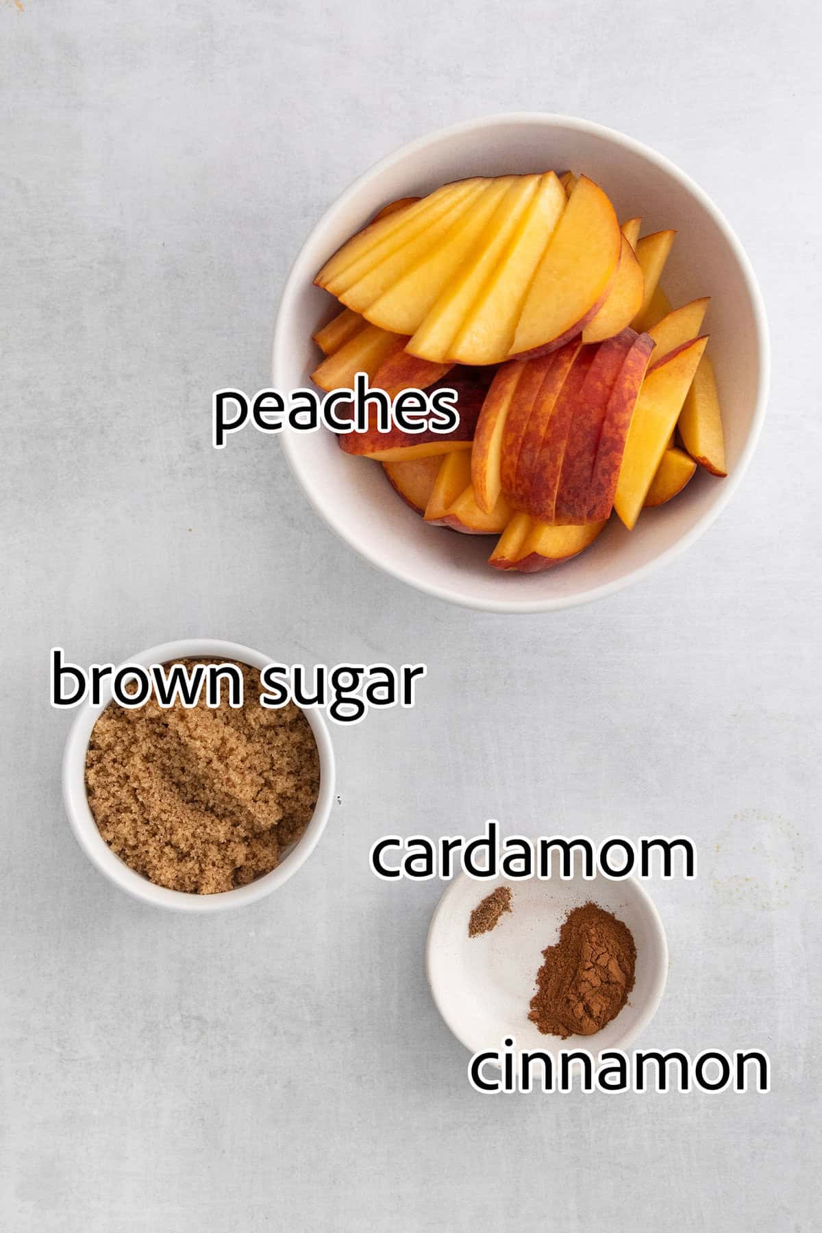 Peach bar filling ingredients are shown labeled: brown sugar, peaches, cardamom and cinnamon.