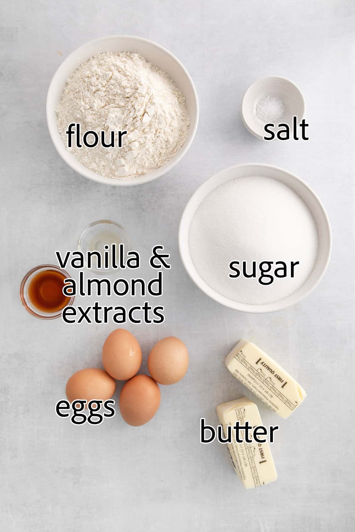 Peach bar crust ingredients are shown labelled: eggs, butter, sugar, flour, vanilla, almond extract, and salt.