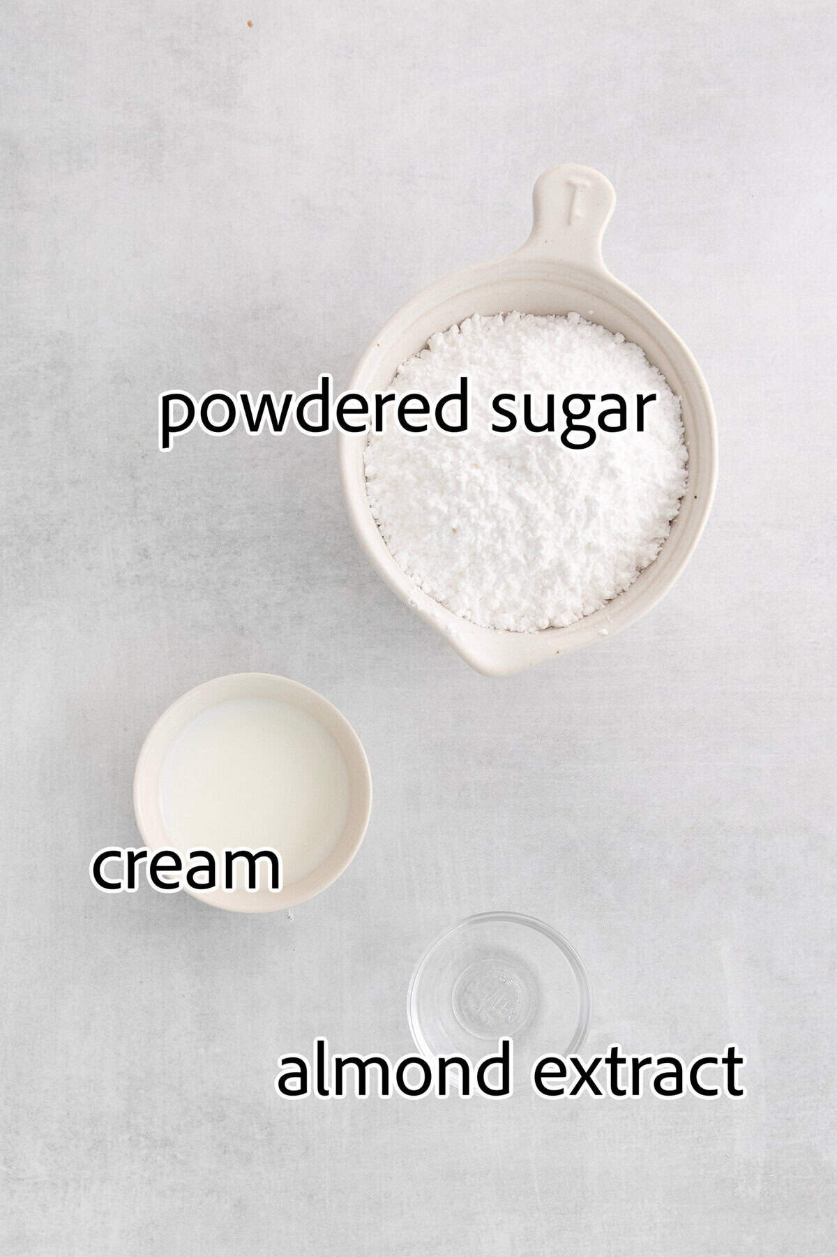 Peach bar glaze ingredients are shown labeled: powdered sugar, cream, almond extract.
