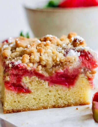 a strawberry rhubarb crumb bar, side view