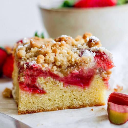 a strawberry rhubarb crumb bar, side view