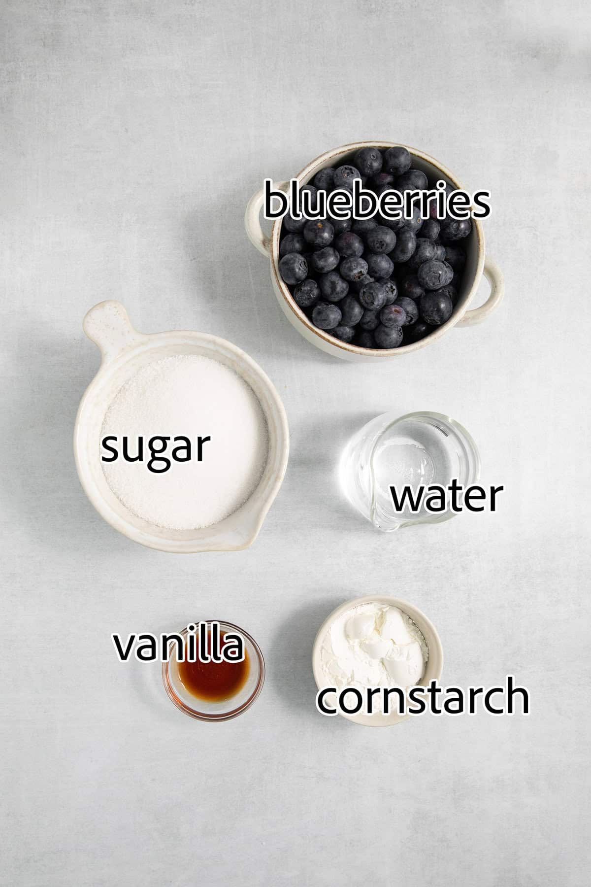 Ingredients for blueberry sauce: blueberries, sugar, vanilla, cornstarch, water.