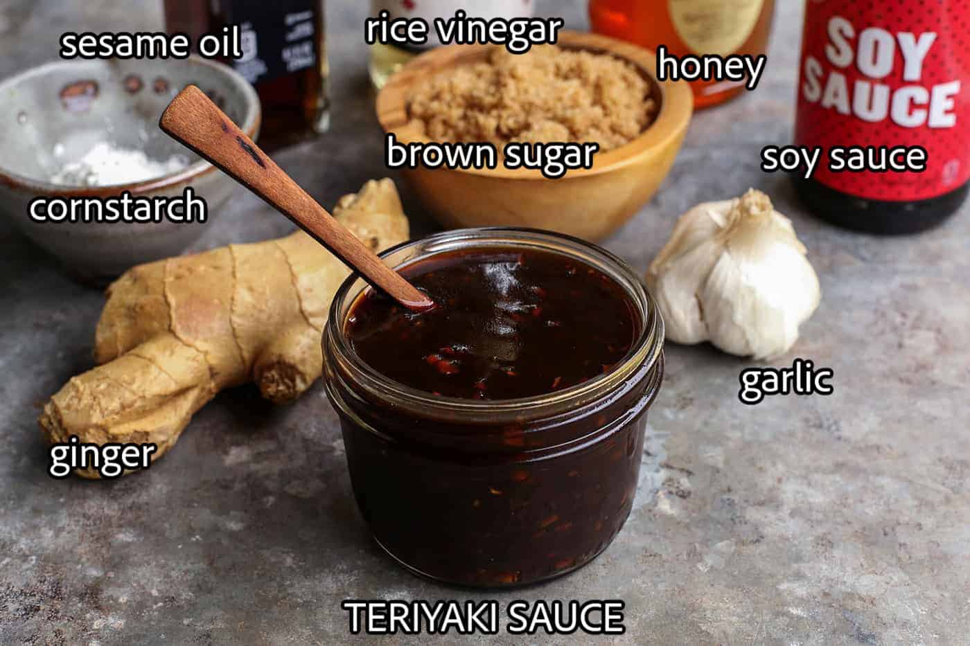 a jar of homemade teriyaki sauce, plus the ingredients needed to make it