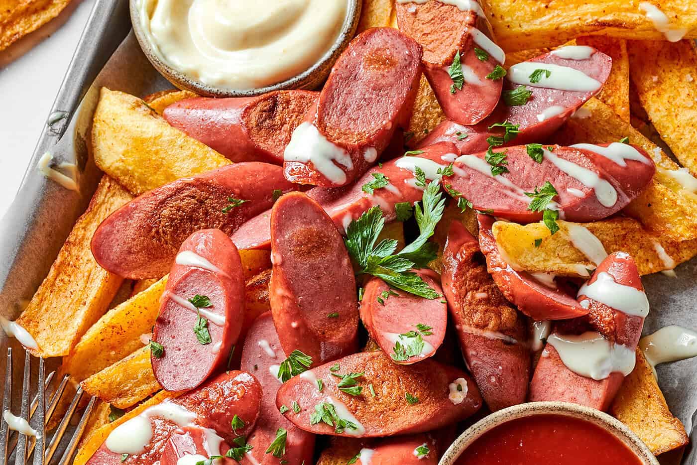a pan of salchipapa (potatoes and sausages) with dips
