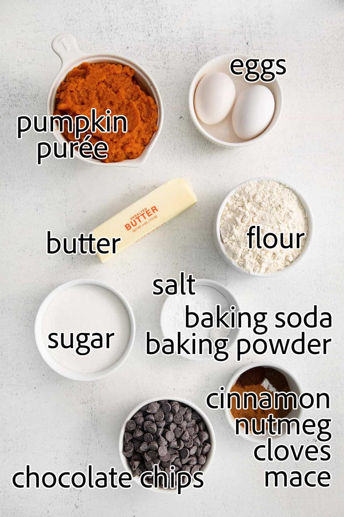 ingredients needed to make pumpkin chocolate chip muffins