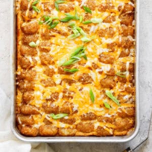 Recipe card photo for tater tot breakfast casserole.