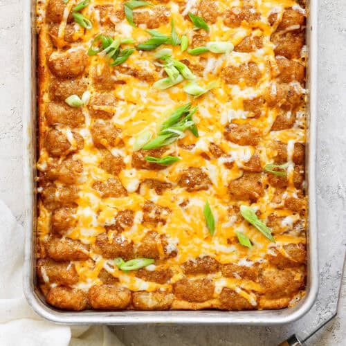 Recipe card photo for tater tot breakfast casserole.