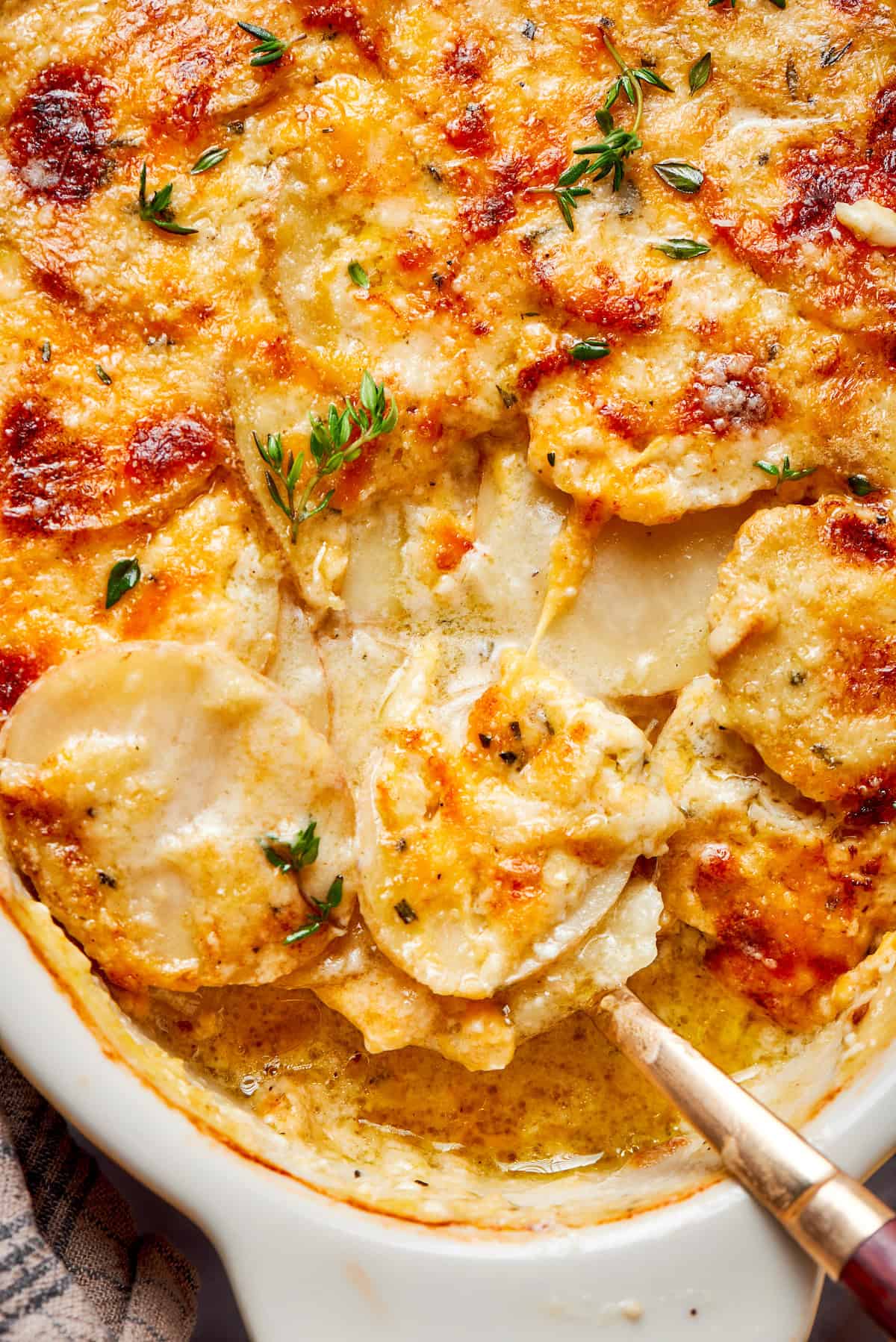 Close-up of cheesy scalloped potatoes with onions, thyme, and rosemary.
