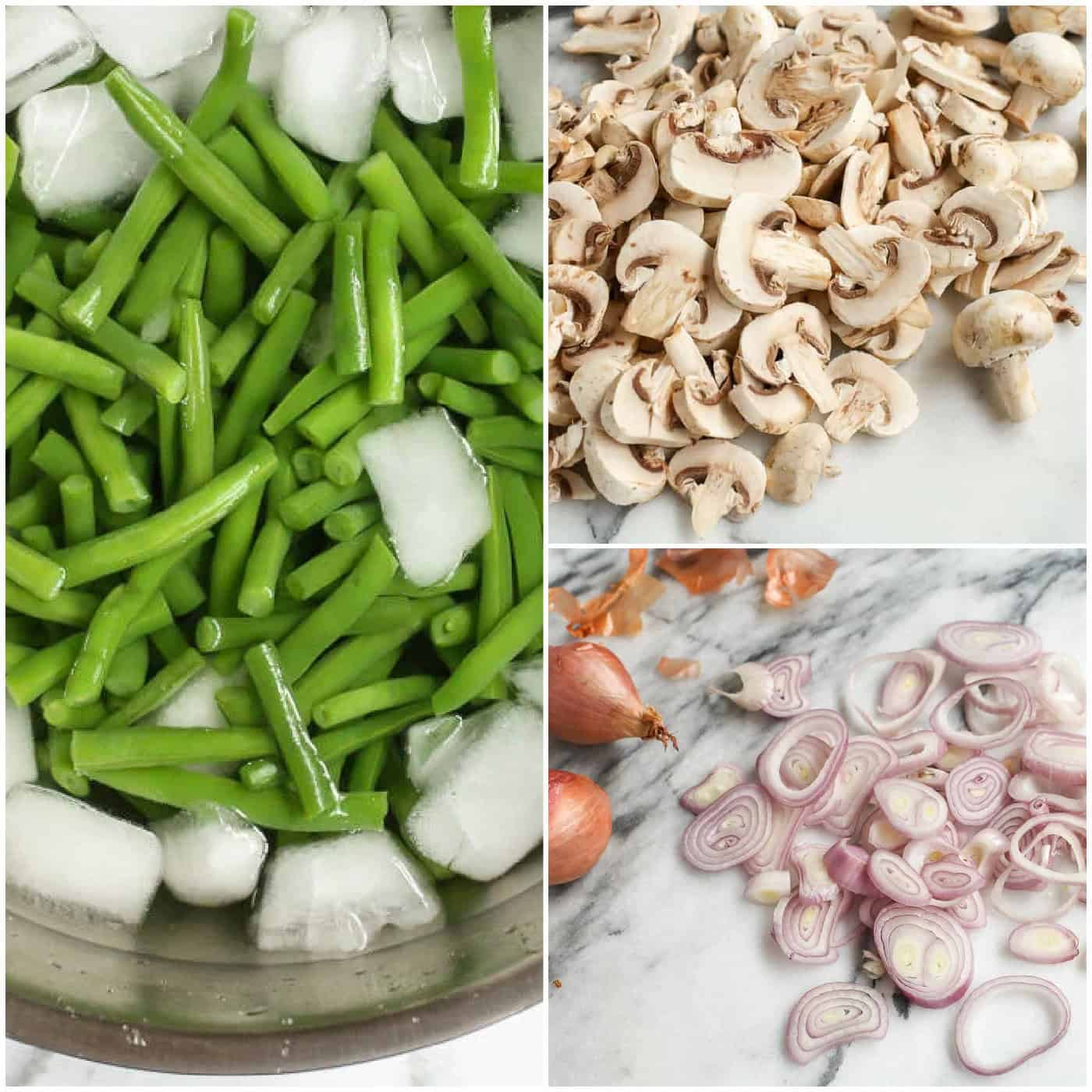 a collage of ingredients, to include fresh green beans, mushrooms, and shallots