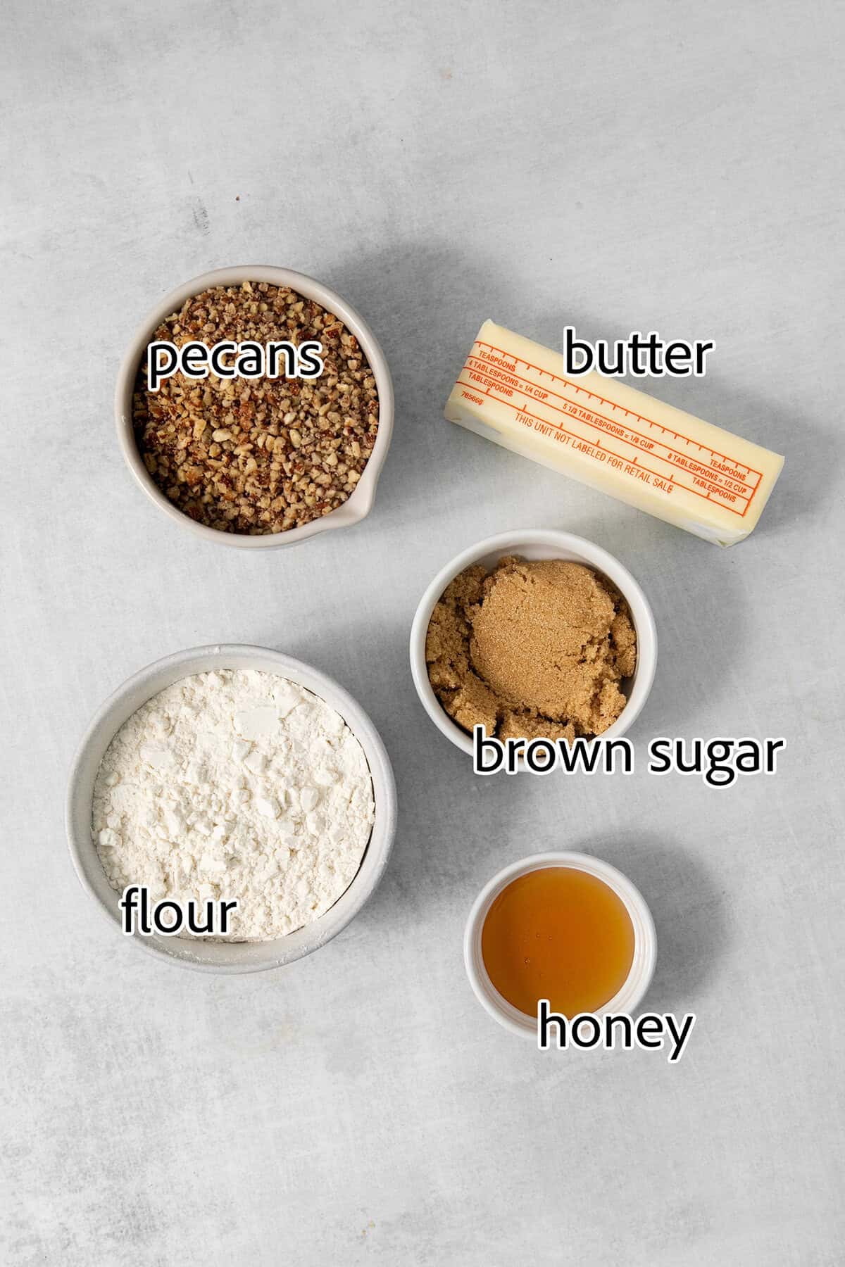 ingredients needed to make the press-in pecan shortbread crust