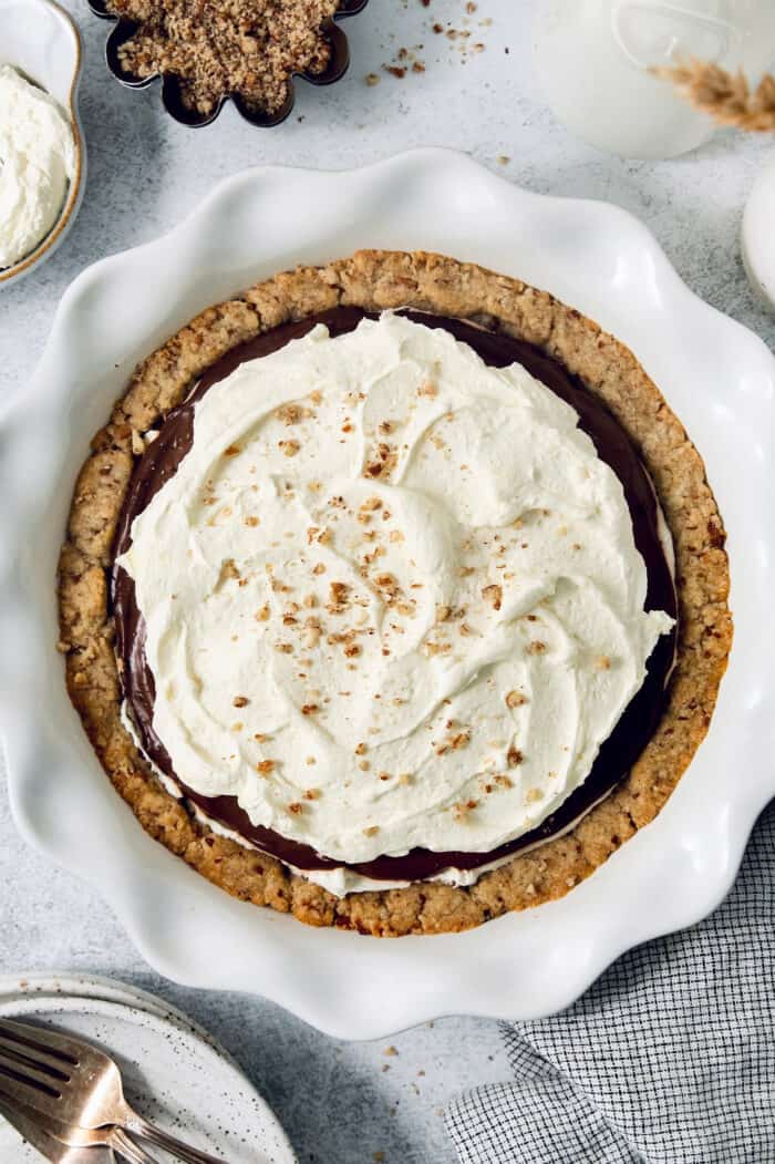 finished possum pie in a white pie plate