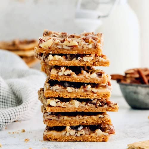 close-up photo of a stack of toffee pieces made with graham crackers
