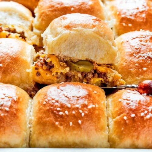 cheeseburger sliders in a pan
