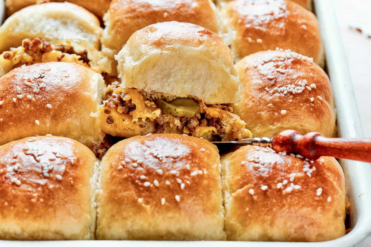 a pan of homemade cheeseburger sliders