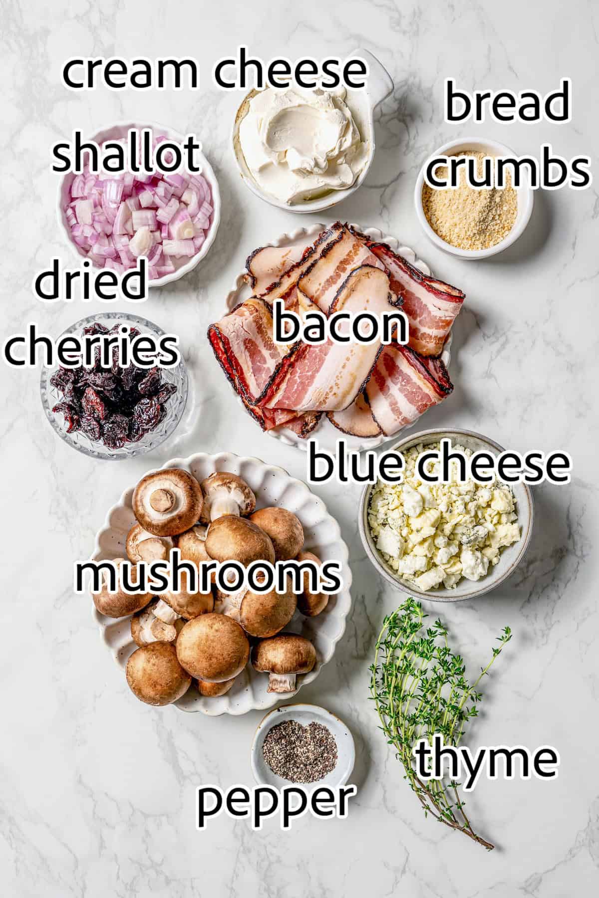 Overhead view of ingredients for stuffed mushrooms with bacon and blue cheese