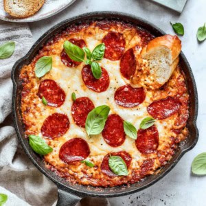overhead photo of pizza dip in a cast iron skillet