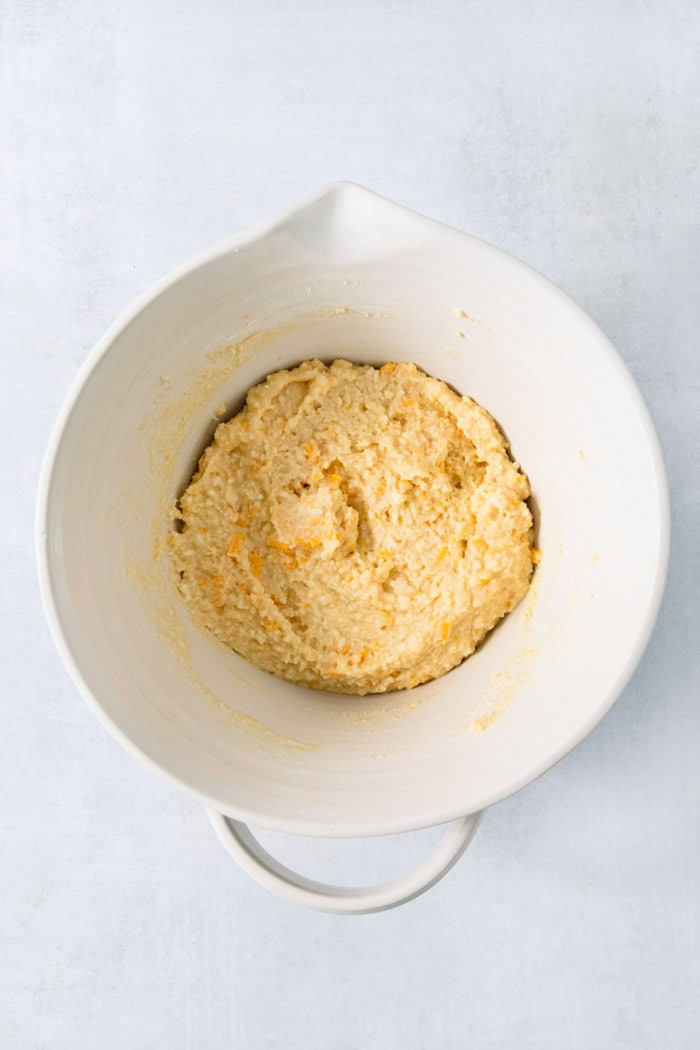 Overhead view of pandebono batter in bowl