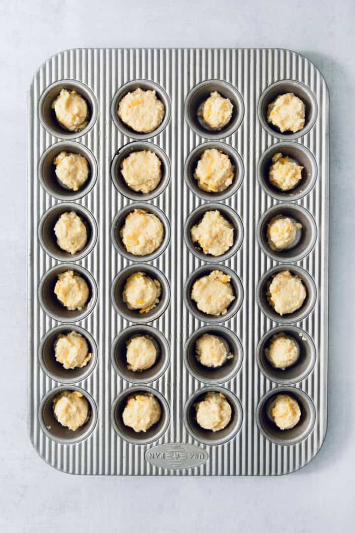 Overhead view of pandebono batter in pan