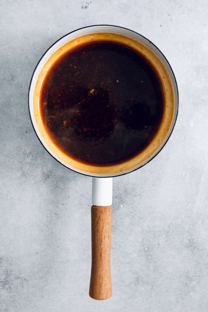 Overhead view of teriyaki sauce in pan