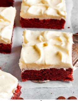 Pinterest image for red velvet brownies with cream cheese frosting