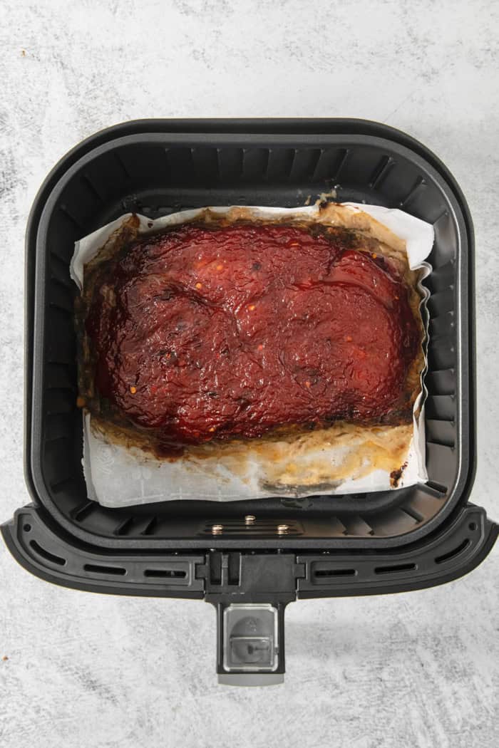 Overhead view of meatloaf cooked in air fryer