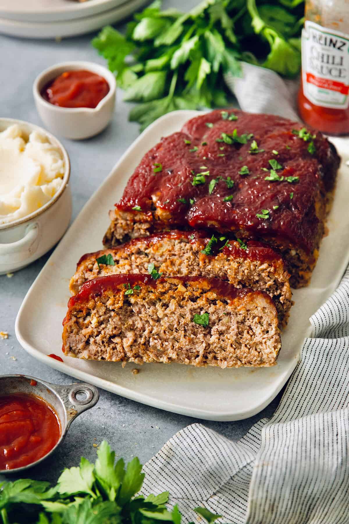 Sliced air fryer meatloaf on platter