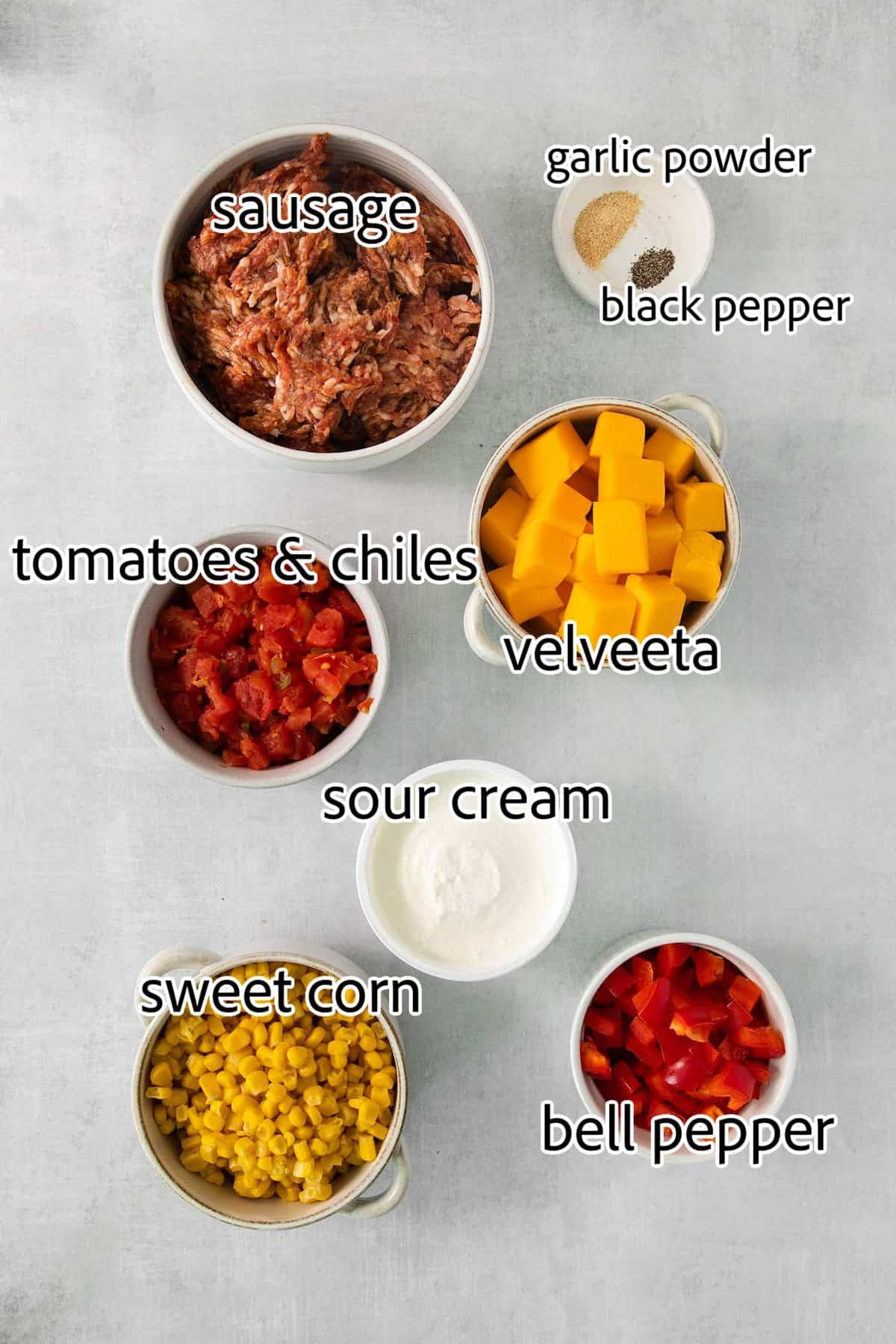 ingredients for cheesy corn sausage dip