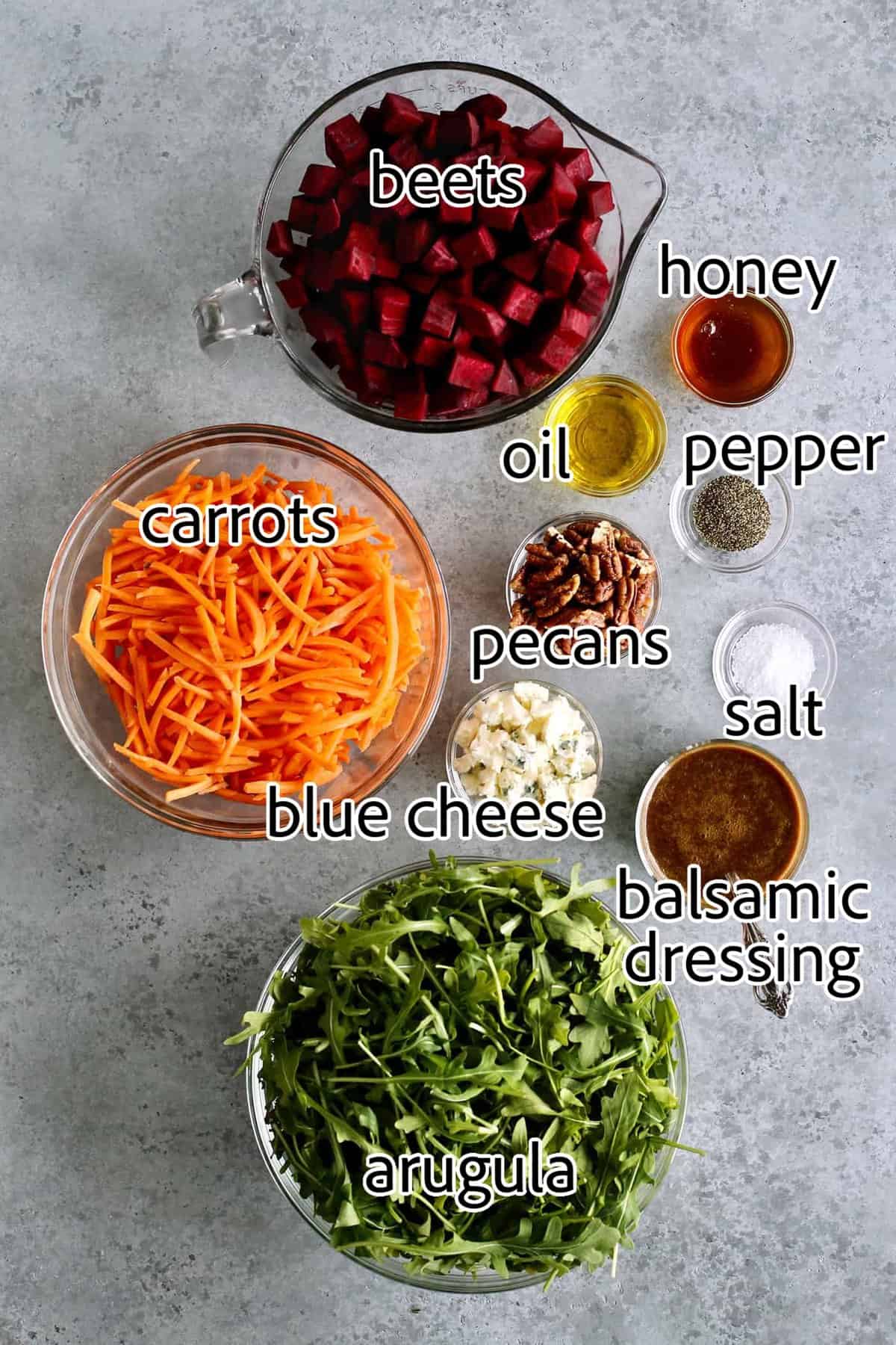 ingredients needed for roasted beet arugala salad