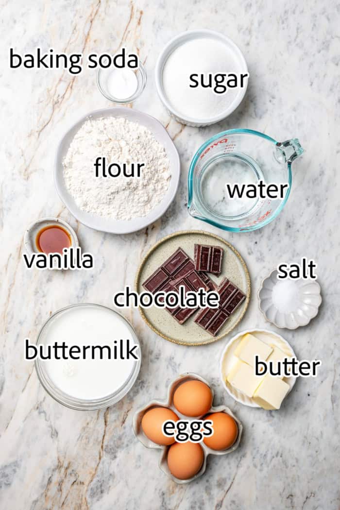 ingredients needed to make the chocolate cake layers for German chocolate cake