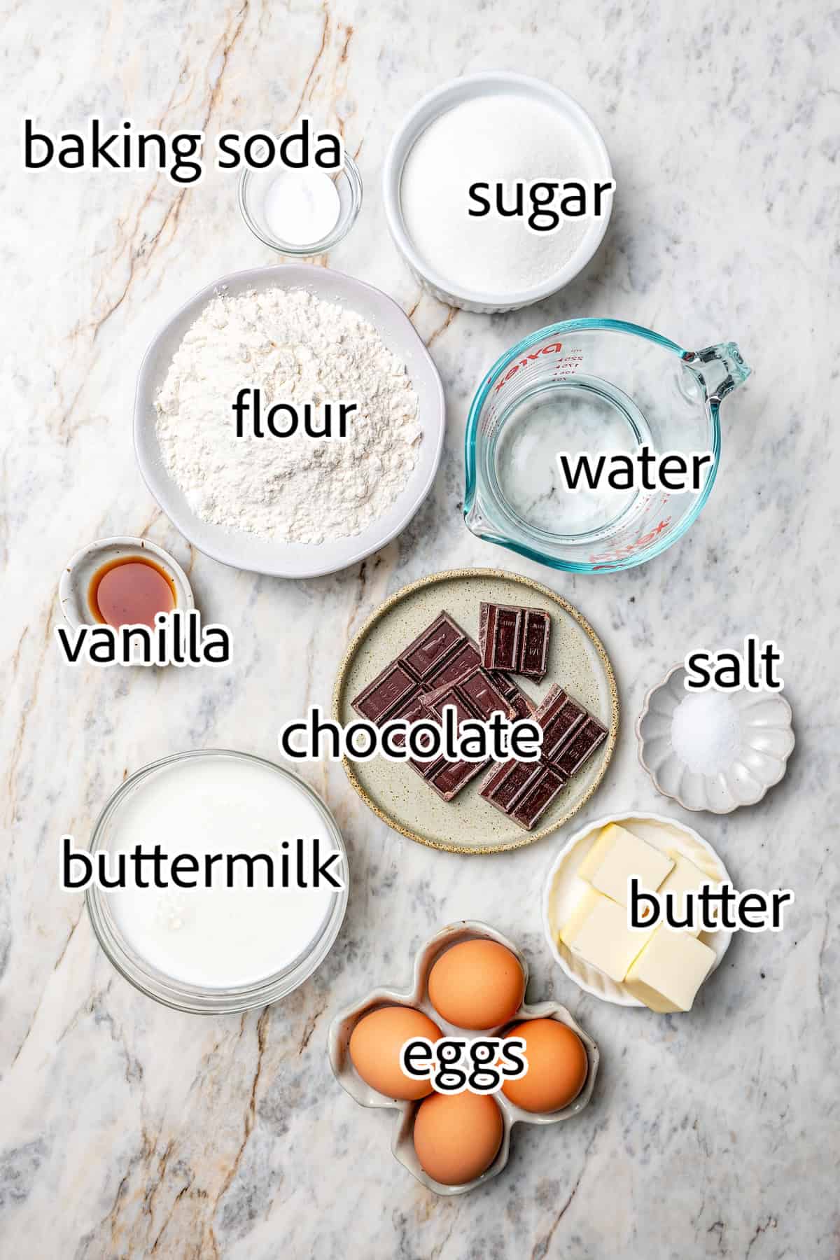 ingredients needed to make the chocolate cake layers for German chocolate cake