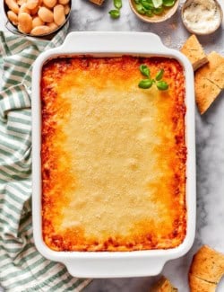 Overhead view of lasagna beans in casserole dish