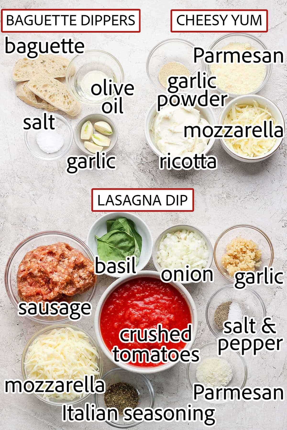 Ingredients needed for Lasagna Dip recipe